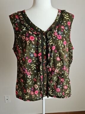 Sleeveless XL Button Up Blouse Top Forest Fairy Floral Ruffle Cottage Cotton
